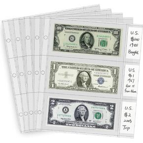 Currency Sleeves with Label Pockets, 50 PCS Banknote Sleeves, 3-Pocket Page Protector for 3 Ring Binder 8.5 x 11, Currency Holder for Bills, Bill Protector