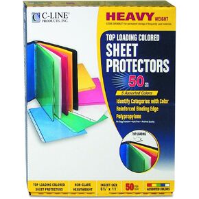 C-Line 62010 Colored Polypropylene Sheet Protector, Assorted Colors, 2", 11 x 8 1/2 (Box of 50)