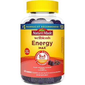 Nature Made Wellblends EnergyMAX Gummies, Fast Acting Caffeine, CoQ10 & Vitamin B12 1000mcg, Energy Support Gummy Vitamins, 40 Gummies