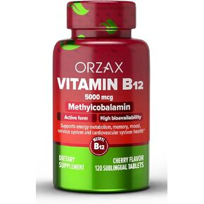 ORZAX Vitamin B12 5000 mcg Methylcobalamin for Memory, Mood, Cardiovascular and Energy Supplement - Cherry Flavored - 120 Sublingual Tablets