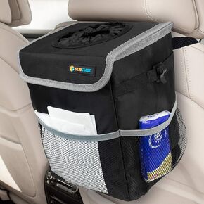 SUN CUBE Waterproof Car Trash Can with Lid, Mesh Pockets | Leakproof Car Garbage Can Hanging | Auto Trash Bin, Garbage Bag Organizer for Headrest, Console, Truck (Black)