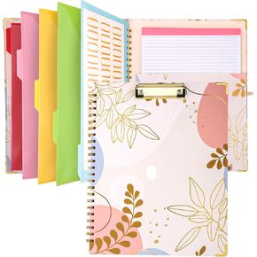 Cute Clipboard Folio with Notepad and Pocket, YWDUOYING Clipfolio with Elastic Closure and Pen Loop, Spiral Clipboard Folder Design for School, Office, Work, Teacher, Students, Nurses (Gold Leaves)