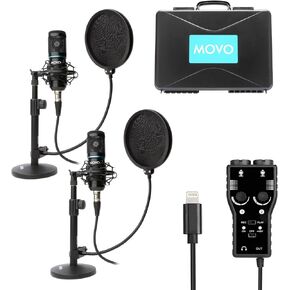 Movo iPhone 15 USB-C Podcast Equipment Bundle - 2 Pack Condenser Microphones, 2 Desktop Mic Stands, 2 Pop Filters, 2-Channel XLR Interface - Compatible with iPhone 15, iPad-Pro