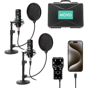 Movo iPhone 15 USB-C Podcast Equipment Bundle - 2 Pack Condenser Microphones, 2 Desktop Mic Stands, 2 Pop Filters, 2-Channel XLR Interface - Compatible with iPhone 15, iPad-Pro