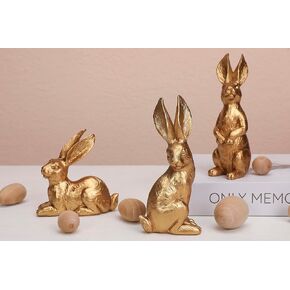 WONDROUS' DECO Resin Bright Gold Easter Bunny Figurines, Small Decorative Easter Bunny Statue Set of 3, Vintage Easter Rabbit Table Home Decoration, Gift