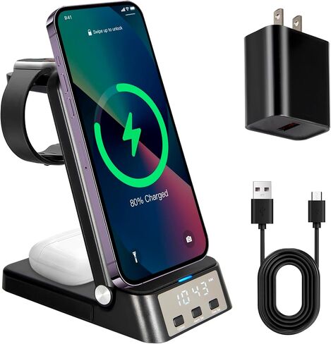 Wireless Charging Station, Compatible with Samsung Phones, Samsung Watch, Samsung Buds, 4 in 1 Wireless Charger Stand with 18W Fast Adapter ＆ 3FT USB C Cable (Black) in Saudi Arabia