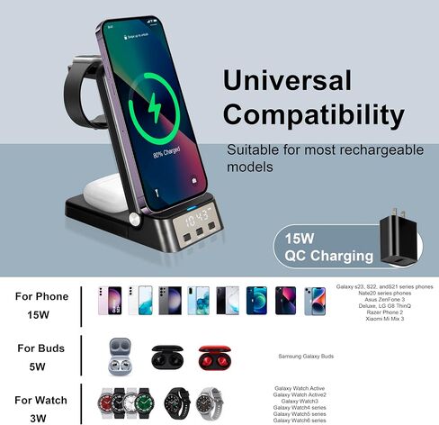 Wireless Charging Station, Compatible with Samsung Phones, Samsung Watch, Samsung Buds, 4 in 1 Wireless Charger Stand with 18W Fast Adapter ＆ 3FT USB C Cable (Black) in Saudi Arabia