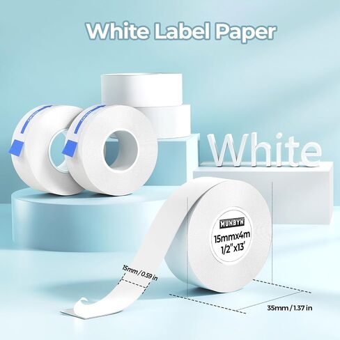 MUNBYN 032B Label Maker Continuous Label Tape Long Sticker Thermal Paper Self-Adhesive Label Tape 15mm x 4m Compatible with MUNBYN Bear/Penguin Label Maker for Home School Office Organization (White) in Saudi Arabia