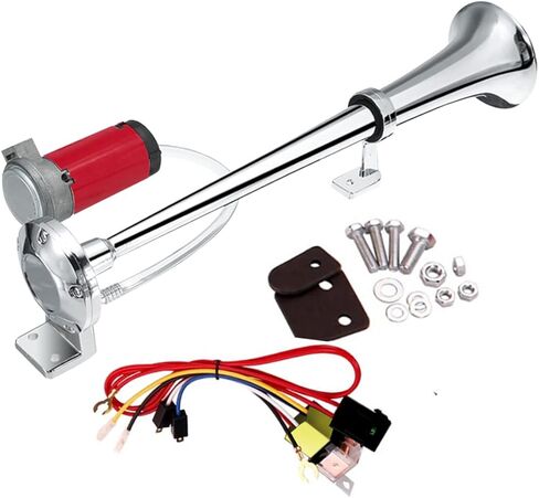 بوق هوائي 12 فولت 150 ديسيبل، بوق هوائي للشاحنة من الكروم والزنك ذو قرن واحد، مع ضاغط، مع مرحل، مناسب لأي مركبة 12 فولت، شاحنة، قطار، قارب، سيارة، دراجة نارية، جرار (فضي) in Kuwait