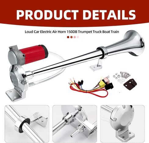 بوق هوائي 12 فولت 150 ديسيبل، بوق هوائي للشاحنة من الكروم والزنك ذو قرن واحد، مع ضاغط، مع مرحل، مناسب لأي مركبة 12 فولت، شاحنة، قطار، قارب، سيارة، دراجة نارية، جرار (فضي) in Kuwait