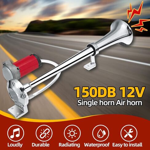 بوق هوائي 12 فولت 150 ديسيبل، بوق هوائي للشاحنة من الكروم والزنك ذو قرن واحد، مع ضاغط، مع مرحل، مناسب لأي مركبة 12 فولت، شاحنة، قطار، قارب، سيارة، دراجة نارية، جرار (فضي) in Kuwait