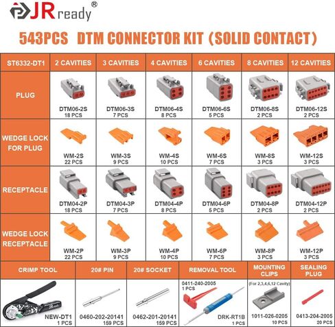 JRready ST6332-DT1 Deutsch DTM Connector Kit, 2 3 4 6 8 12 Pin Gray Connector, New-DT1 Deutsch Crimper, Size 20 Solid Contact 16-22AWG, Removal Tool, Seal plug, Automotive Electrical Connectors in Kuwait