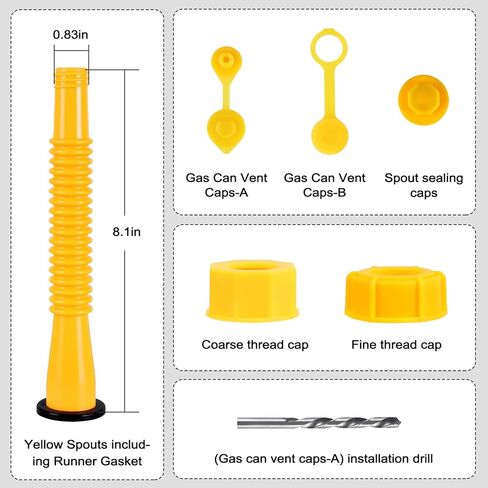 Gas Can Spout Replacement, Gas Can Nozzle (6Kit-Yellow) With 12 Screw Collar Caps(6 Coarse Thread &6 Fine Thread-Fits Most of The Cans) With Gas Can Vent Caps, Thick Rubber Pad, Spout Cover, Base Caps in Kuwait
