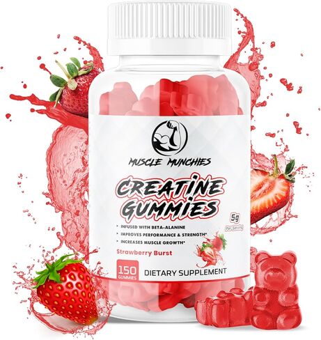 علكات الكرياتين من Muscle Munchies قابلة للمضغ للرجال والنساء - مملوءة ببيتا ألانين - 5 جم من الكرياتين لكل وجبة - تزيد من القوة ونمو العضلات والقدرة على التحمل والتعافي - نباتية وغير معدلة وراثيًا (انفجار الفراولة) in Saudi Arabia