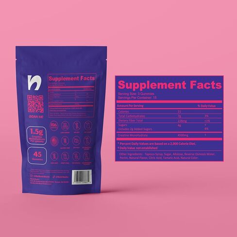 Creatine Monohydrate Gummies, 1.5g Creatine per Gummy, for Women & Men. Vegan, Gluten-Free, Non-GMO, Made in USA in Saudi Arabia