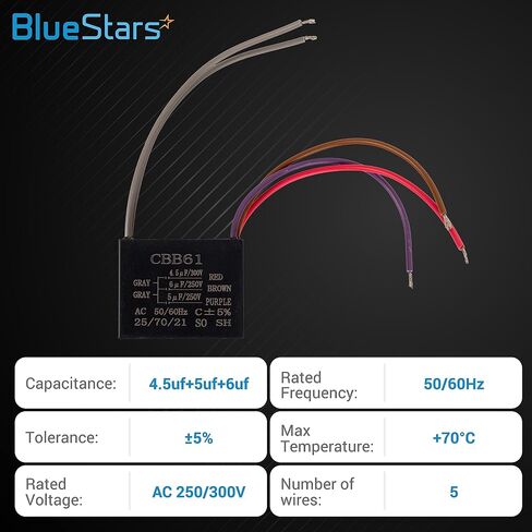 CBB61 4.5 فائق التوهج + 6 فائق التوهج + 5 فائق التوهج 5 أسلاك 250 فولت/300 فولت تيار متردد مكثف مروحة السقف من بلو ستارز - عبوة من 2 - استبدال هاربور بريز والتكنولوجيا الجديدة - 50/60 هرتز - مكثف توصيل مرحل الطاقة الكهربائية in Kuwait