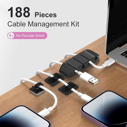 188Pcs Cable Management Kit with 60 Cable Clip Holders,6 Cable Sleeves,2 Self Adhesive Rolls,20 Fastening Tapes and 100 Self-Locking Cable Ties,Cable Tidy Kit for Desk,Car and Office in Saudi Arabia