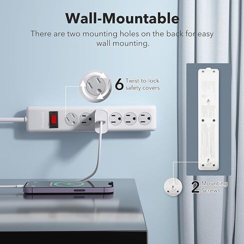 BN-LINK 6-Outlet Power Strip Surge Protector 2-Pack، سلك تمديد بطول 10 أقدام، 600 جول، أغطية أمان ملتوية للإغلاق، قابس مسطح 90 درجة، حماية من الحمل الزائد، أبيض in Kuwait
