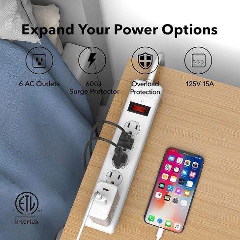 BN-LINK 6-Outlet Power Strip Surge Protector 2-Pack، سلك تمديد بطول 10 أقدام، 600 جول، أغطية أمان ملتوية للإغلاق، قابس مسطح 90 درجة، حماية من الحمل الزائد، أبيض in Kuwait