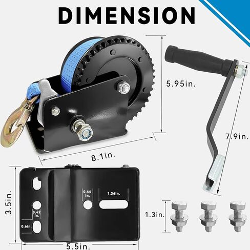 ونش مقطورة القارب 1600 رطل ونش يدوي مع حزام ونش أزرق 26 قدم، 4:1 ونش محمول مع خطاف، ونش يدوي بسقاطة ثنائي الاتجاه لقارب جت سكي سحب بكرة سحب ونش in Kuwait