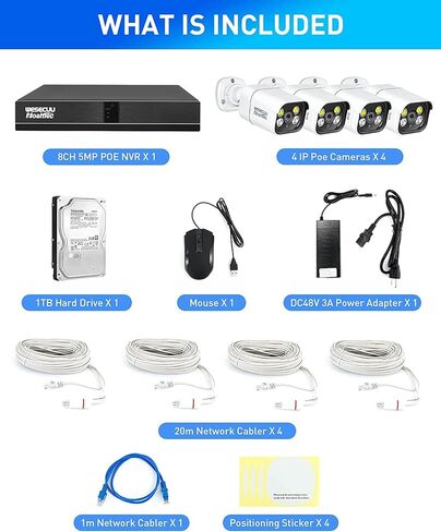 POE Security Camera Sysytem, 4PCS 2K IP Security Cameras Outdoor & Indoor, AI Human Alarm, Floodlight & IR Night Vision, 4/8CH POE NVR Camera for 24/7 Recording (4CAM) in Kuwait