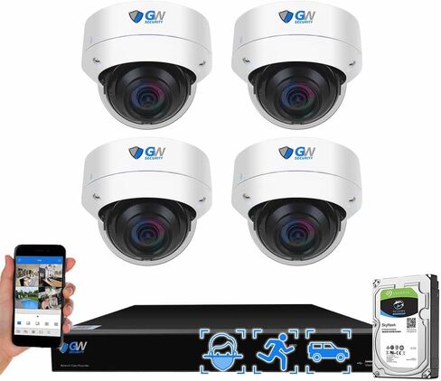 GW Security 8 قنوات NVR UltraHD 4K 8MP نظام كاميرا أمان PoE لاكتشاف الوجه/الإنسان/المركبة مع ميكروفون IP 4 × 4K 8MP كاميرا قبة ذكية AI، رؤية ليلية 100 قدم، كاميرات داخلية خارجية in Kuwait