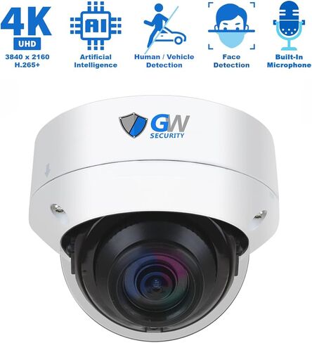 GW Security 8 قنوات NVR UltraHD 4K 8MP نظام كاميرا أمان PoE لاكتشاف الوجه/الإنسان/المركبة مع ميكروفون IP 4 × 4K 8MP كاميرا قبة ذكية AI، رؤية ليلية 100 قدم، كاميرات داخلية خارجية in Kuwait