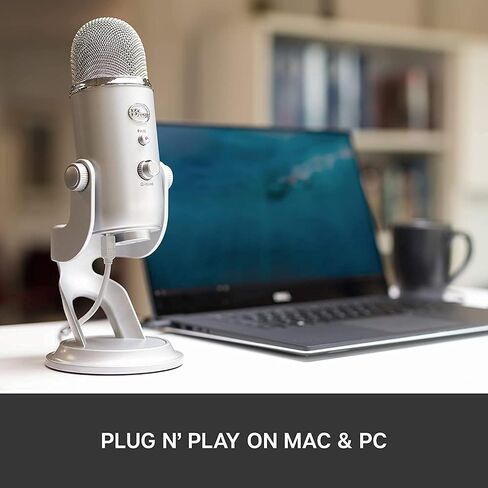 Blue Yeti USB Mic for Recording & Streaming on PC and Mac, 3 Condenser Capsules, 4 Pickup Patterns, Headphone Output and Volume Control, Mic Gain Control, Adjustable Stand - Silver (Renewed) in Saudi Arabia