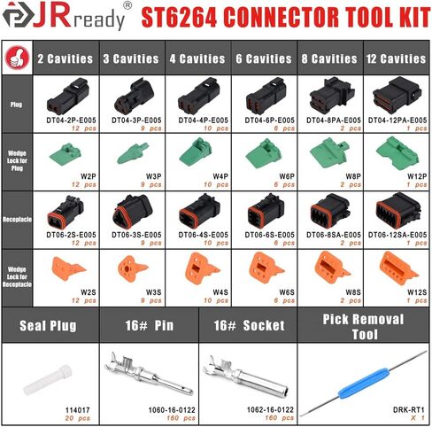طقم موصل JRready ST6264 أسود DT Deutsch، 2 3 4 6 8 و12 دبوس DT E005 موصل مقاوم للماء مع جهات اتصال مشكلة مختومة 14-18 AWG أداة إزالة الاختيار DRK-RT1 in Kuwait