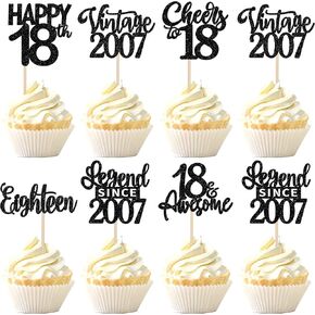 24pcs Black 18th Birthday Cupcake Topcake Toppers 18 Happy 18th Vintage 2007 Cupcake Picks to 18 lungend منذ عام 2007 لزخارف الكعكة لعيد الميلاد الثامن عشر لوازم حفلة الذكرى السنوية الثامنة عشر