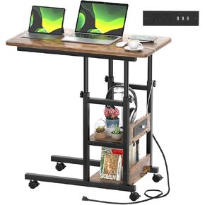 Height Adjustable C Shaped End Table with Charging Station, Mobile Laptop Side Table with USB Port and Wheels, Sofa Couch Table with 2-Tier Storage Shelve for Living Room Bedroom, Rustic Brown