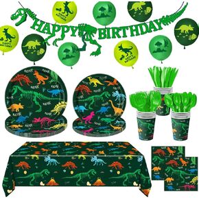 166 PCS Dinosaur Birthday Decorations, Dinosaur Party Supplies Includes Plates, Cups, Napkins, Cutlery, Banner, Tablecloth, Balloons for Dinosaur Party Decorations, Serves 20