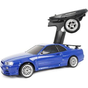 LD1899 1/18 Scale RC Drift Car, GTR R34 2.4GHz RWD Mini Model Car with Gyro, Alloy Body Shell Racing Cars for Adults Toys (Silver)