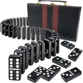 Jumbo Double Six Dominoes Set - 28 Black Classic Tiles in Faux Leather Case - لعبة تعليمية ممتعة للأطفال ، الأولاد ، الفتيات ، مجموعة الفصول الدراسية ، مجموعة Classic Game Night Party Favors ، ملائمة للسفر