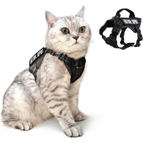 Tactical Cat Harness Khaki for Walking Esacpe Proof,Adjustable Soft Mesh Large Cat Vest with Rubber Handle Easy to Control,Molle Patches L