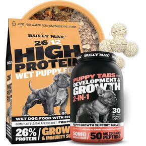 Bully Max Puppy Growth Bundle - High-Protein Wet Food (2 lb. Dry, Makes 5.5 Wet Food) & Puppy Vitamins (30 Chew Tabs) - Strong Bones, Healthy Growth & Shiny Coats for Small & Large Breed Puppies