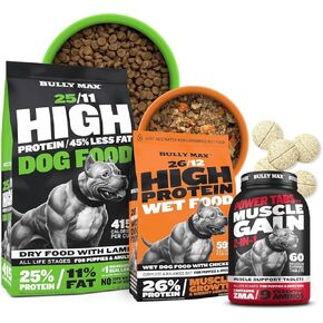 Bully Max High Protein Low Fat Dry Lamb Dog Food (15lbs. Bag) & Dehydrated Dog Food (2lbs. Makes 5.5 lbs. Wet Food) & Muscle Builder Tabs (60 tabs) for Puppies & Adults Balanced Nutrition & Vitality