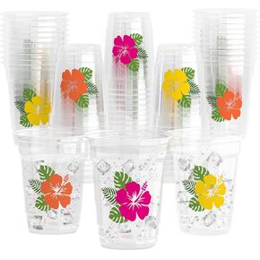 YQUQWN 51 PCS Hawaii Laua Cups 12 oz Disposable Thickened Hibiscus Tropical Plastic Cups for Hawaii Luau Pool Beach Party Supplies Summer Birthday Party Favors Drinkware Decorations