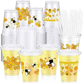 100 PCS 12oz Bee Coups يمكن التخلص منها مع الأغطية والقش عسل CUPS CONCED BIVERTION CUPS FOR