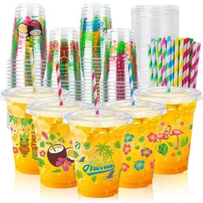 50 PCS صيف أكواب بلاستيكية في هاواي مع أغطية القش 12 أوقية يمكن التخلص منها في أكواب Luau الاستوائية القابلة للتصرف.
