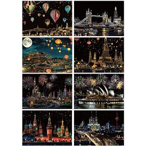 8 Sheets A3 Rainbow Scratch Art Painting Paper DIY Night View Scratchboard for Adults