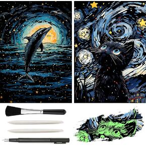 Glow in the Dark Scratch Rainbow Painting Paper ، 2 Pack Van Gogh Style Art Art Creative Craft Tools ، Fun Magic DIY Card Scratchboard for Teen & Come (Dolphin + Cat)