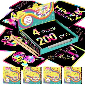 Poikshark 200 PCS Rainbow Scratch Art Mini Notes للأطفال من عمر 3 إلى 12 عامًا ، وهدايا الفنون والحرف اليدوية للفتيات المراهقات ، والطلاب عيد ميلاد الحفلة لصالح الألعاب ، ولوازم لعبة السفر للبنين والبنات ، و 4 عبوات