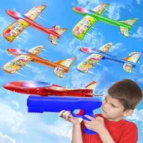 4 Pack Lighted Airplane Launcher Toys for Boys Kids Easter Basket Stuffers Gifts Essential, LED Foam Glider Catapult Plane with Sticker, Flying Toy Outdoor Easter Game Party Favor for Kids Boys