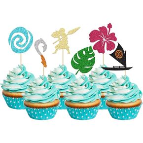 24Pcs Mo Inspired Birthday Cupcake Toppers Glitter Palm Leaf Flower Moana Cupcake Picks Hawaiian Birthday Party Decoration for Tropical Luau Summer Party Baby Shower Wedding