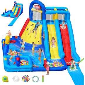 Water Bounce House with Long Slides for Kids 3-12, Extra Large Inflatable Bouncy Castle with Double Slide, 550W Air Blower, Ball Pit, Pool, Climbing, Bouncy House for Party Birthday Event