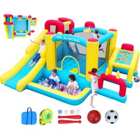 Elemara XL Bound Bounce House ، 7 في 1 منزل نطاط مع منفاخ ، منزل يرتد الأطفال مع الشريحة ، منطقة القفز ، منطقة البيسبول/كرة القدم ، طوق كرة السلة ، جدار التسلق ، القفز للقطعة الداخلية/الخارجية