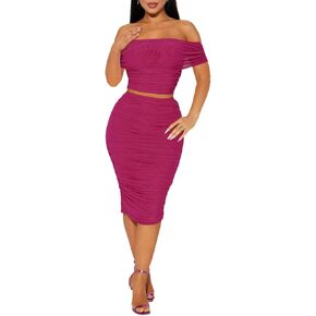 2 Piece Skirt Set Sexy Mesh Ruched Bodycon Tube Top Cocktail Party Midi Dress Club Outfits