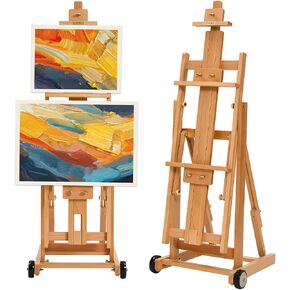 H Frame Artist Easel for Painting- Solid Beech Wood Art Studio Easel Stand with Wheels - Hold 2 Canvases up to 78", Adjustable& Movable Floor Painting Easel for Adults