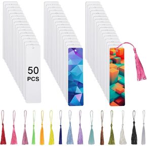 50 Pcs Sublimation Bookmark Blank Heat Transfer Aluminum Metal Bookmarks Bulk DIY Bookmarks with Hole and Colorful Tassels for Crafts,Personalized Tassels Blank Bookmarks